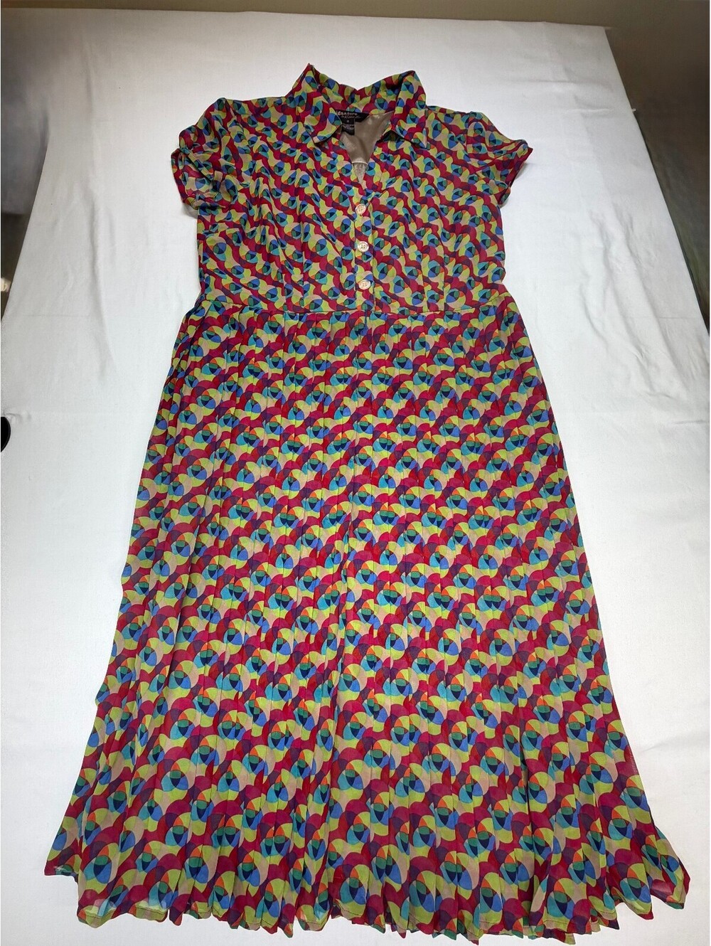 Signature Robbie Bee Womens Shirt Dress Pleated Midi Geometric Sz 4 Multicolor